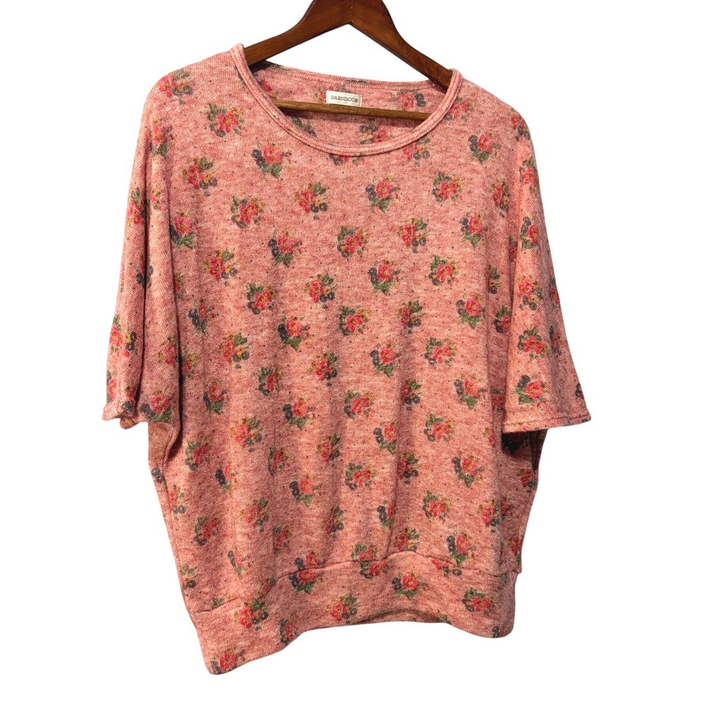 Barndoor Pink Floral Knit Pullover Top Relaxed Dolman Short‎ Sleeve Crew Neck